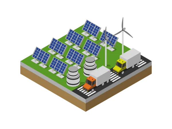 Produção de eletricidade usando painéis solares e gerador eólico  Ilustração