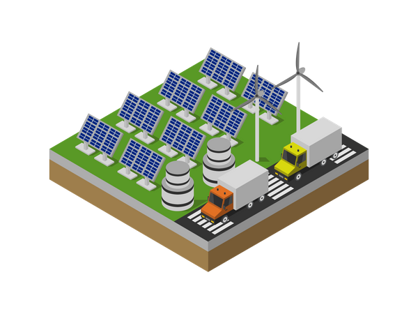 Producción de electricidad mediante paneles solares y generador eólico.  Ilustración