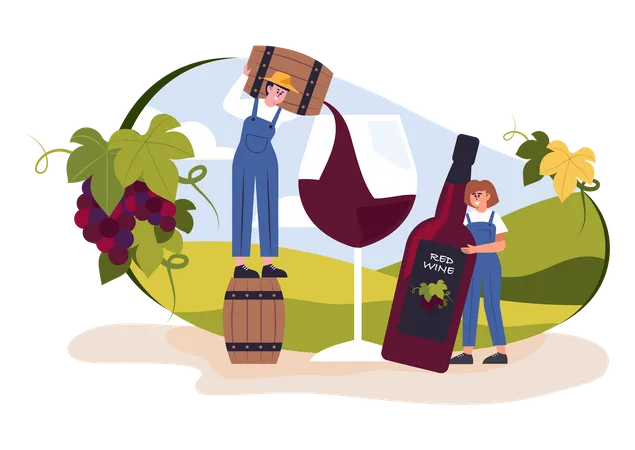 Un Agricultor De Uvas Cultiva Y Cosecha Uvas Para Utilizarlas En La Elaboracion De Vino Estan Contentos Con Esta Profesion Ilustración
