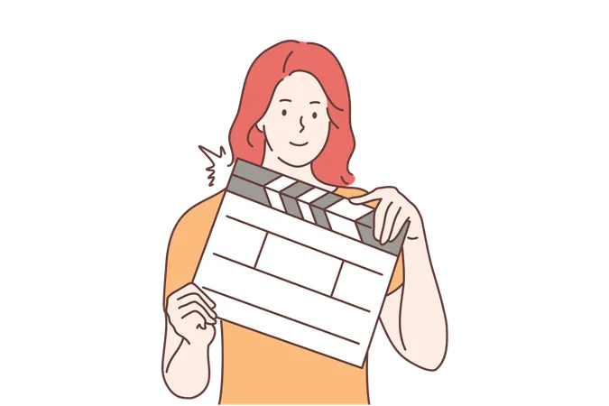 Shootings Movie Assistance Concept Young Happy Smiling Woman Or Girl Assistant Cartoon Character Director Standing With Clapperboard Making Films Clips For Cinema Production Industry Illustration 일러스트레이션