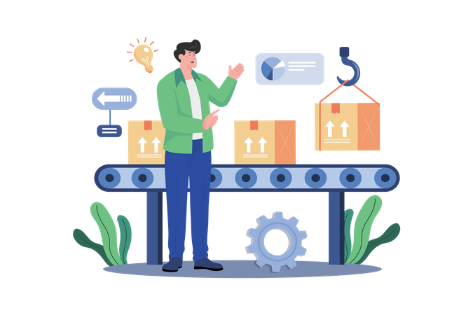 Product Manager Managing Product On Automatic Conveyor Belt  イラスト