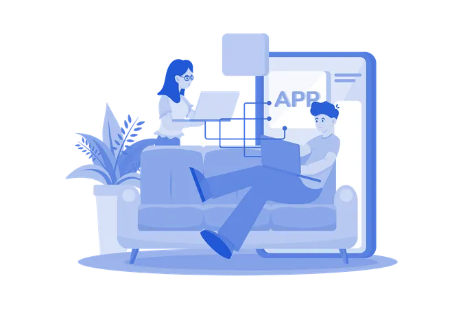 Product Team Programming Mobile App With Laptop  Illustration