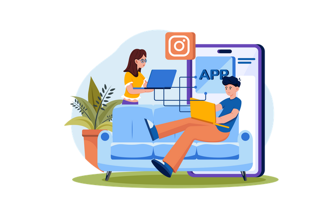 Product Team Programming Mobile App With Laptop Illustration