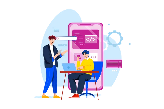 Product Team Programming Mobile App With Laptop Illustration