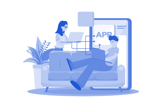 Product Team Programming Mobile App With Laptop  Illustration