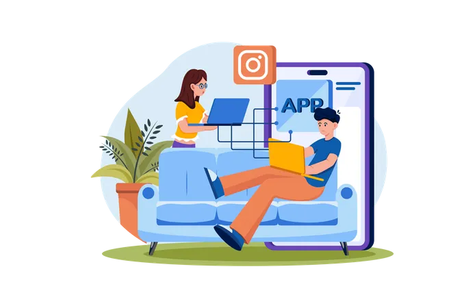 Product Team Programming Mobile App With Laptop  Illustration