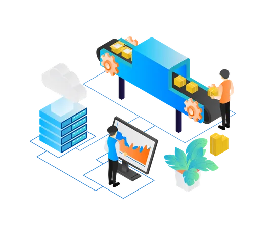 Isometric Style Illustration Of A Packing Machine With Computer Controlling Operator Illustration