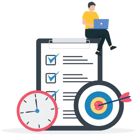 Productive businessman working with computer laptop on checklist and alarm clock  Illustration