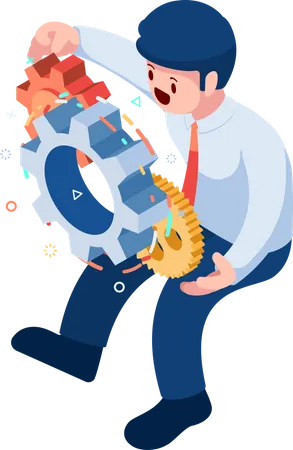 Flat 3 D Isometric Businessman Holding Gears Productivity And Business Process Management Concept Illustration