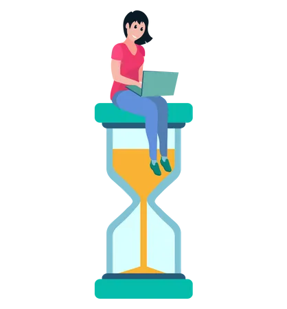 Woman Working On Laptop Isolated Character Distant Worker Character With Computer Sitting On Big Hour Glass Clock With Falling Sand Time Is Money Concept Vector Illustration In Flat Cartoon Style Illustration