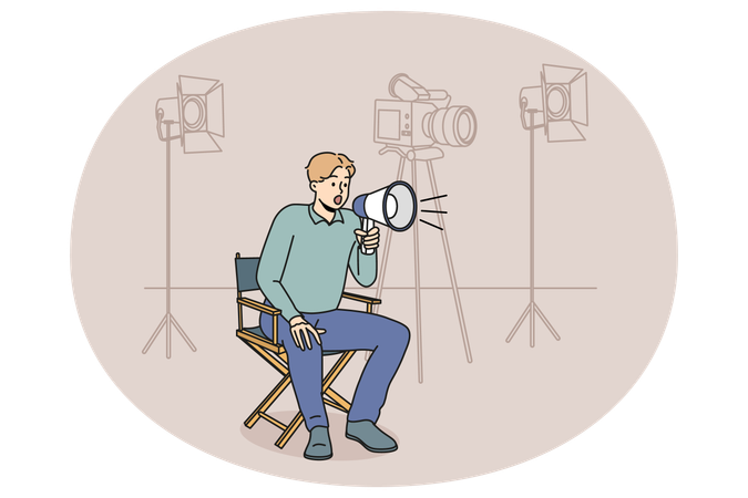 Productor de cine con altavoz en la escena del tiroteo  Ilustración
