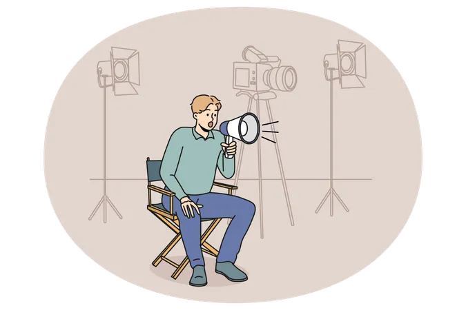 Productor de cine con altavoz en la escena del tiroteo  Ilustración