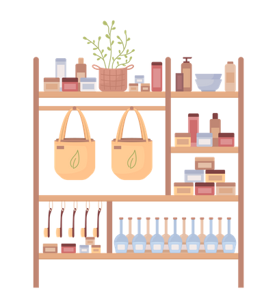 Productos cosméticos naturales en los estantes.  Ilustración