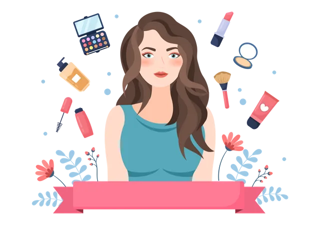 Variedad de productos de maquillaje femenino.  Ilustración