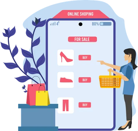 Productos a la venta en la aplicación de compras online.  Ilustración