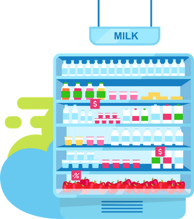 Productos lácteos en el puesto de tienda  Ilustración