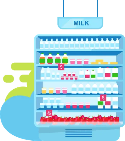 Productos lácteos en el puesto de tienda  Ilustración