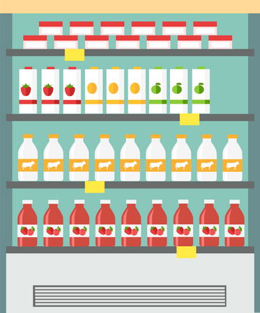 Productos lácteos en frigorífico escaparate.  Ilustración