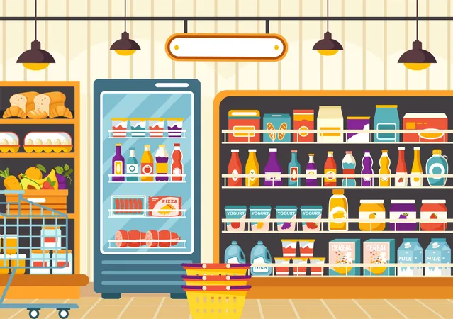 Grocery Store Shelf Vector Illustration With Foods Items And Products Assortment On The Supermarket For Shopping Daily Needs In Flat Background Illustration