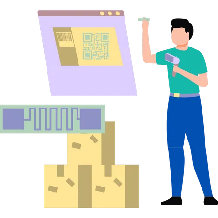 Garçon scannant des produits avec un lecteur de codes-barres  Illustration
