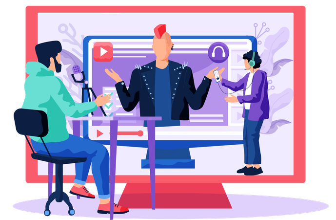 Produzent nimmt Interview mit Rocker in Lederjacke auf  Illustration