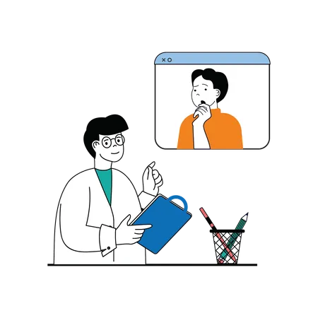 Profesional médico haciendo videoconferencia con paciente  Ilustración