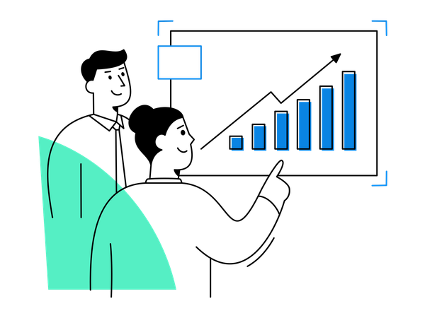Profesionales de negocios analizando datos de ventas en gráficos ascendentes  Ilustración