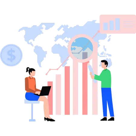 Los profesionales de negocios están trabajando en el gráfico del dólar.  Ilustración