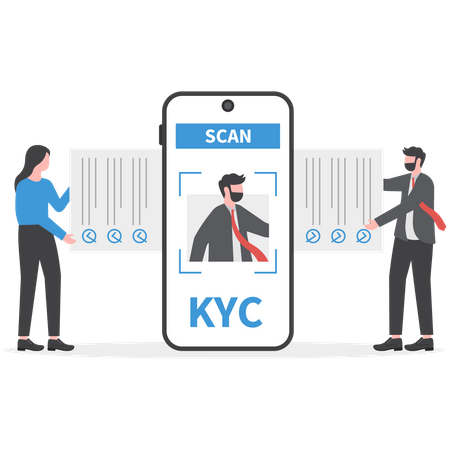 Profesionales de negocios que verifican KYC  Ilustración