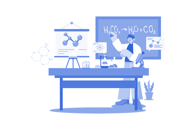 Profesor de ciencias enseñando fórmulas químicas  Ilustración