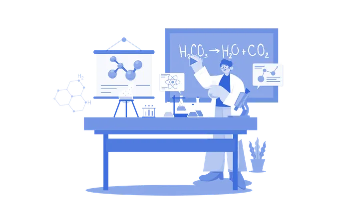 Profesor de ciencias enseñando fórmulas químicas  Ilustración