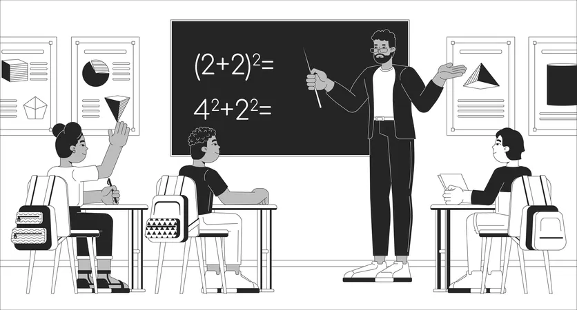 Profesor de matemáticas enseñando a los escolares  Ilustración