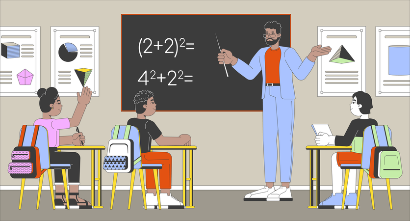 Profesor de matemáticas enseñando a los escolares  Ilustración