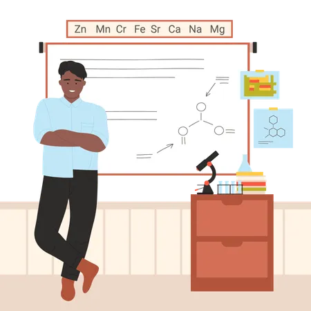 Profesor de química enseñando fórmulas químicas a bordo  Ilustración