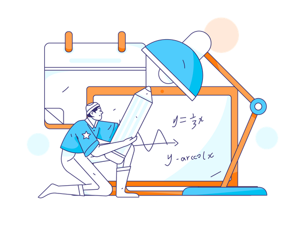 Profesor enseña ecuaciones matemáticas.  Ilustración