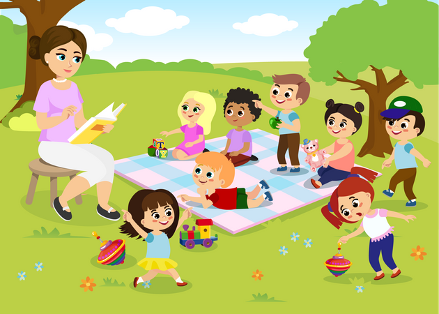 Profesor enseñando a niños en el jardín  Ilustración
