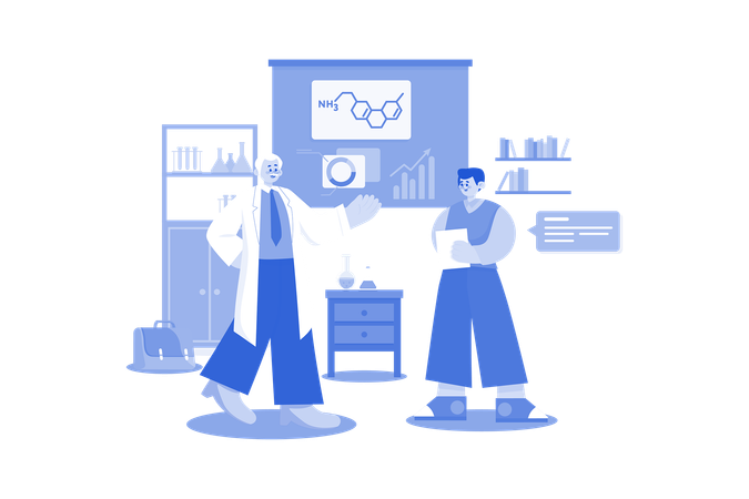 Profesor enseñando química a un compañero de estudios  Ilustración