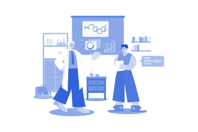 Profesor enseñando química a un compañero de estudios  Ilustración