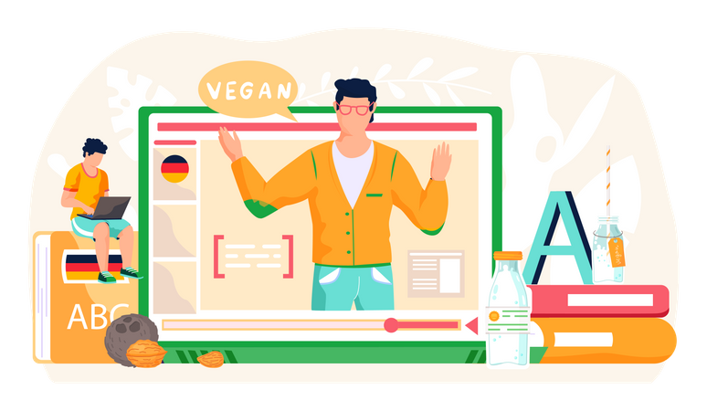 Profesor masculino enseñando sobre productos lácteos veganos  Ilustración