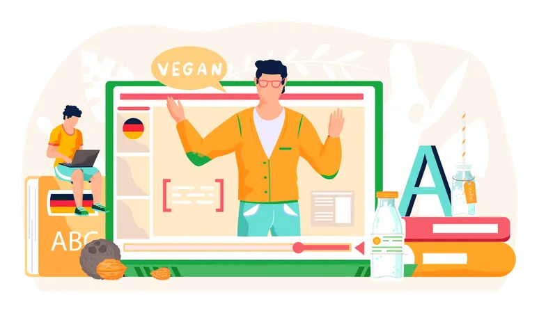 Profesor masculino enseñando sobre productos lácteos veganos  Ilustración