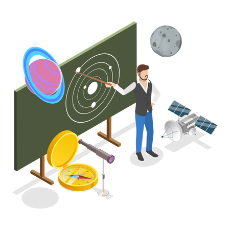 Profesor masculino enseñando sistema solar  Ilustración