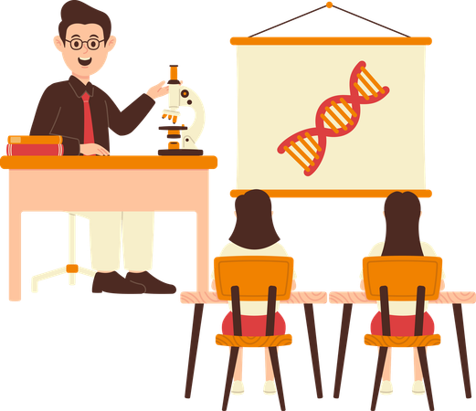 Profesor explica la estructura del ADN a los estudiantes.  Ilustración