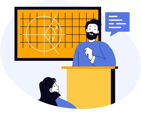 Profesor explicando ecuaciones matemáticas en clase  Ilustración
