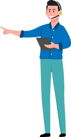 Curso de enseñanza de profesor masculino usando auriculares con tableta  Ilustración