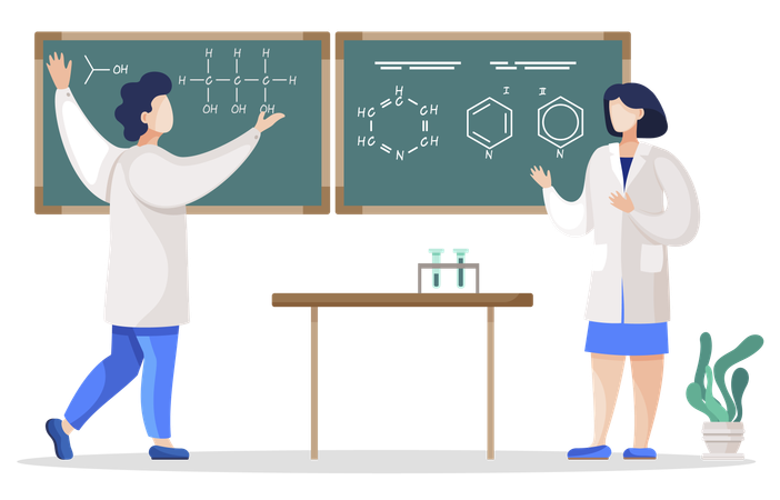 Profesor y químico escribiendo fórmula química  Ilustración