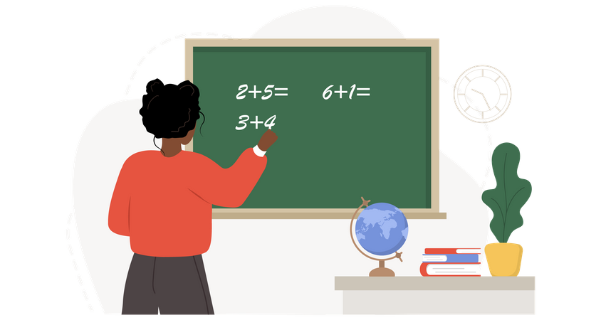 Profesora africana enseñando matemáticas en el aula  Ilustración