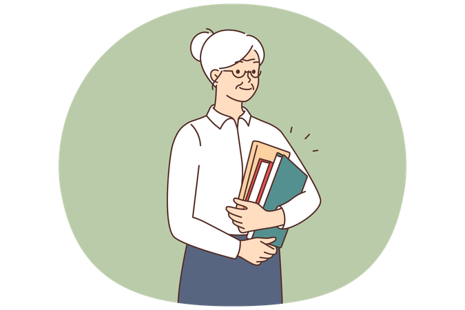 Profesora anciana sonriente con libros y diarios en las manos en el trabajo  Ilustración