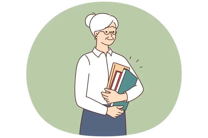 Profesora anciana sonriente con libros y diarios en las manos en el trabajo  Ilustración