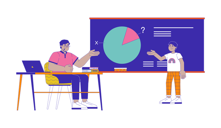 Profesora árabe y pequeño estudiante resuelven juntos una tarea de matemáticas  Ilustración