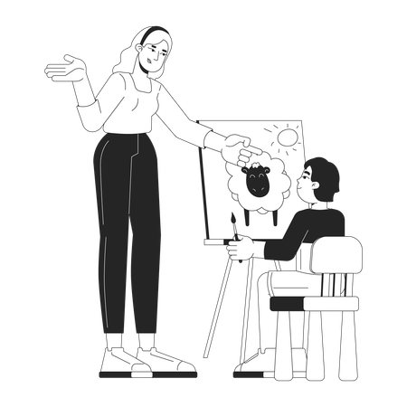 Profesora de arte dando consejos a un niño sobre el dibujo  Ilustración